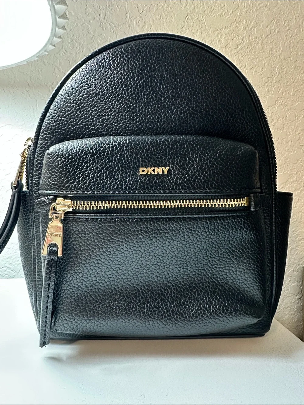 DKNY Black Pebbled Leather Mini Backpack with Gold Hardware - Picture 1 of 7